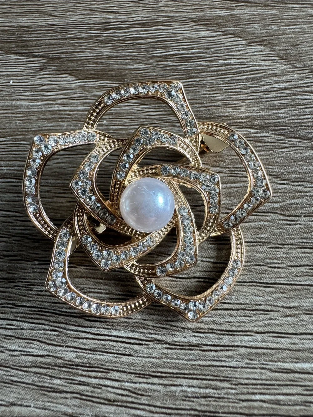 Gold-Tone Faux Pearl & Crystal Floral Brooch